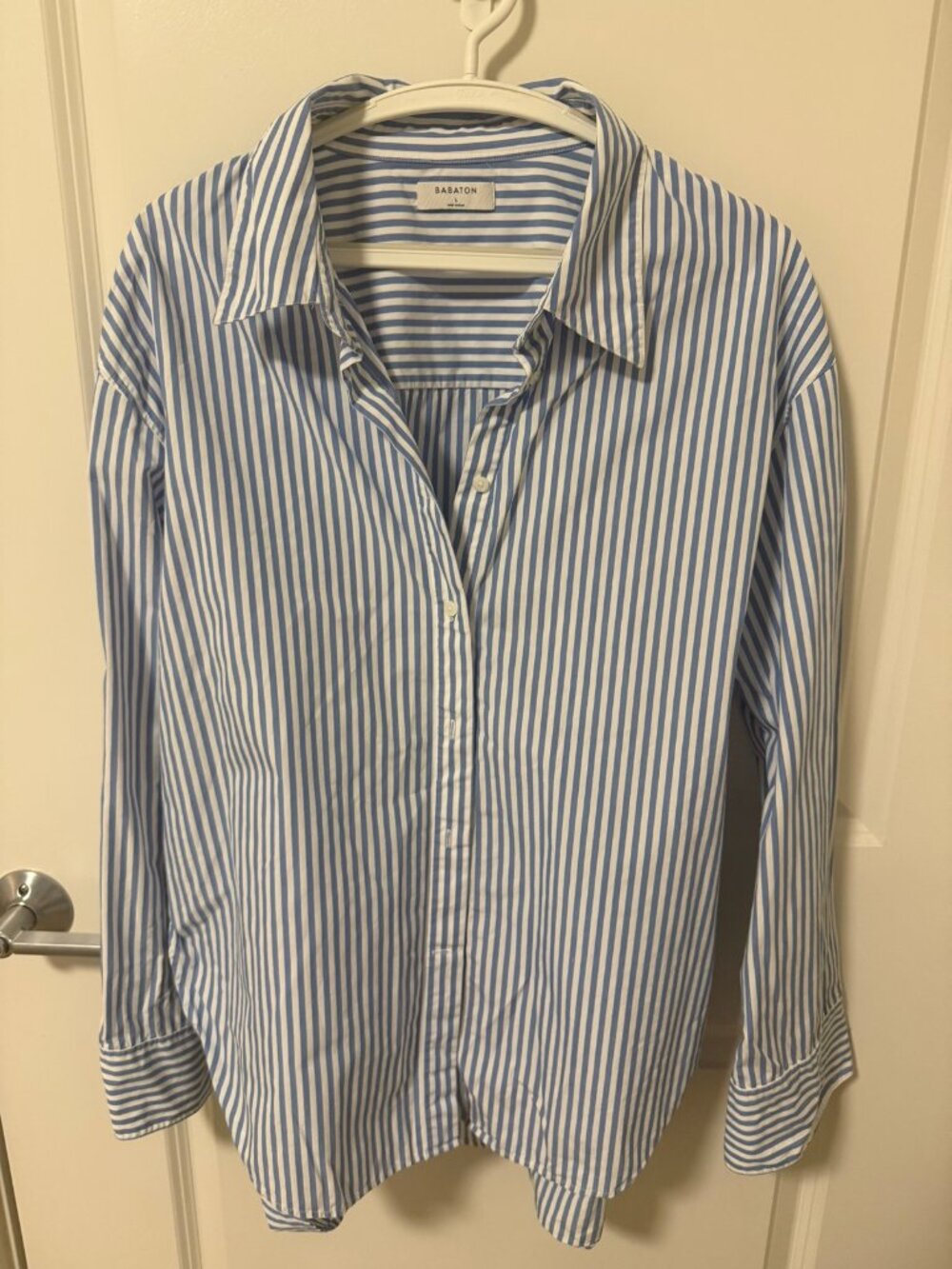 Babaton Blue White Striped Button Down Shirt Long Sleeve Women's Size L